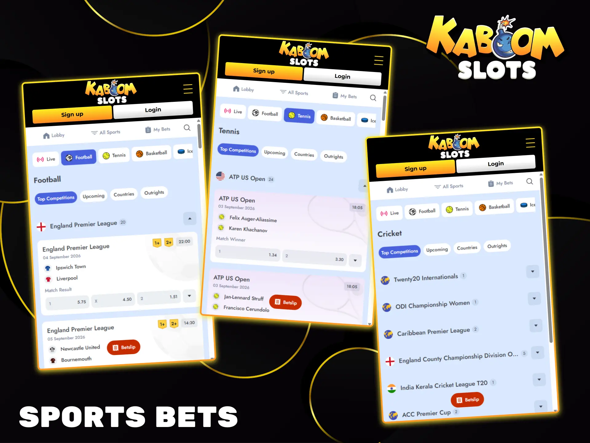 Place your bets on top sports tournaments like the Premier League at Kaboom Slots.