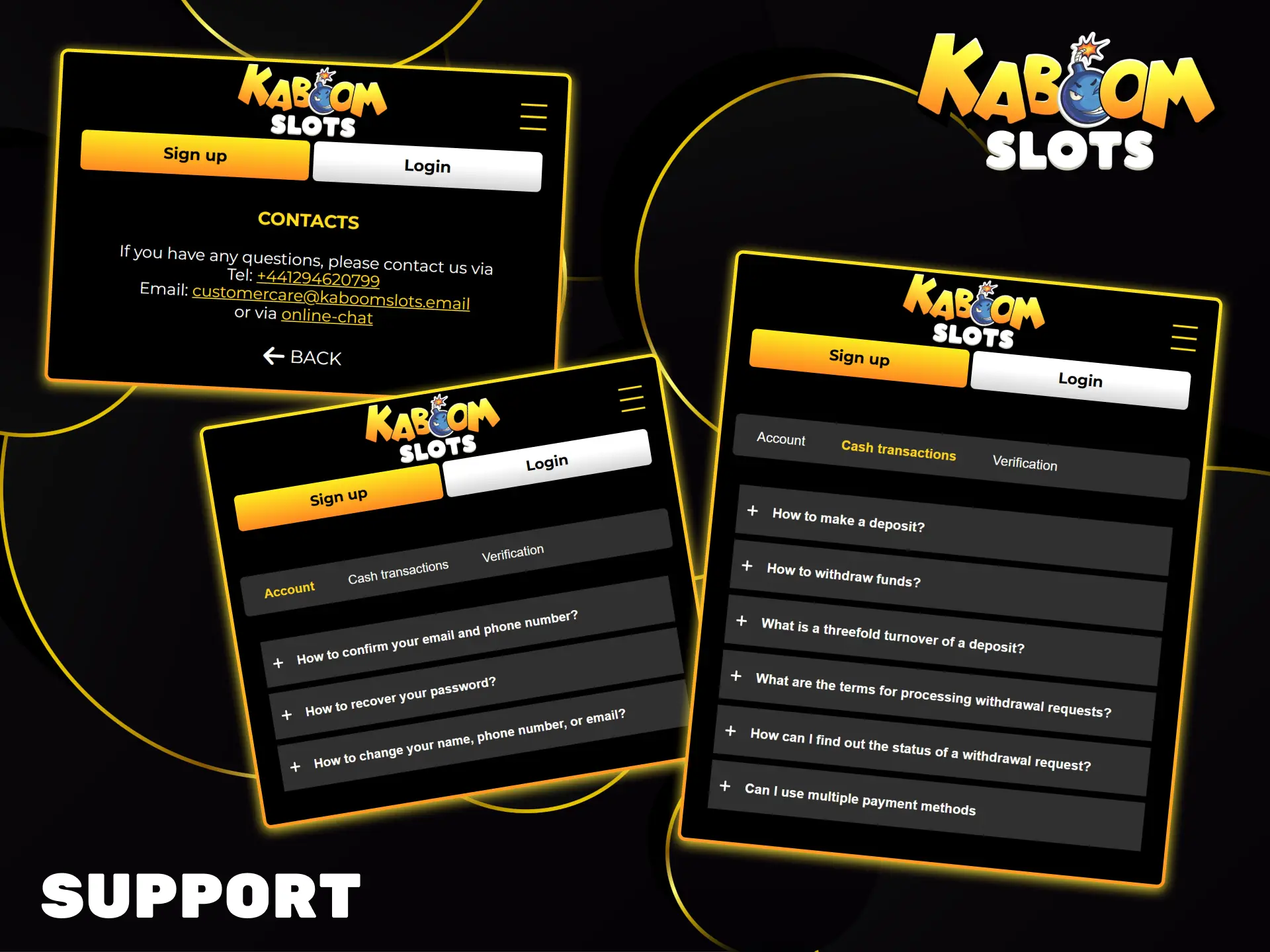 Kaboom Slots provides fast and helpful 24/7 customer support via email and live chat.