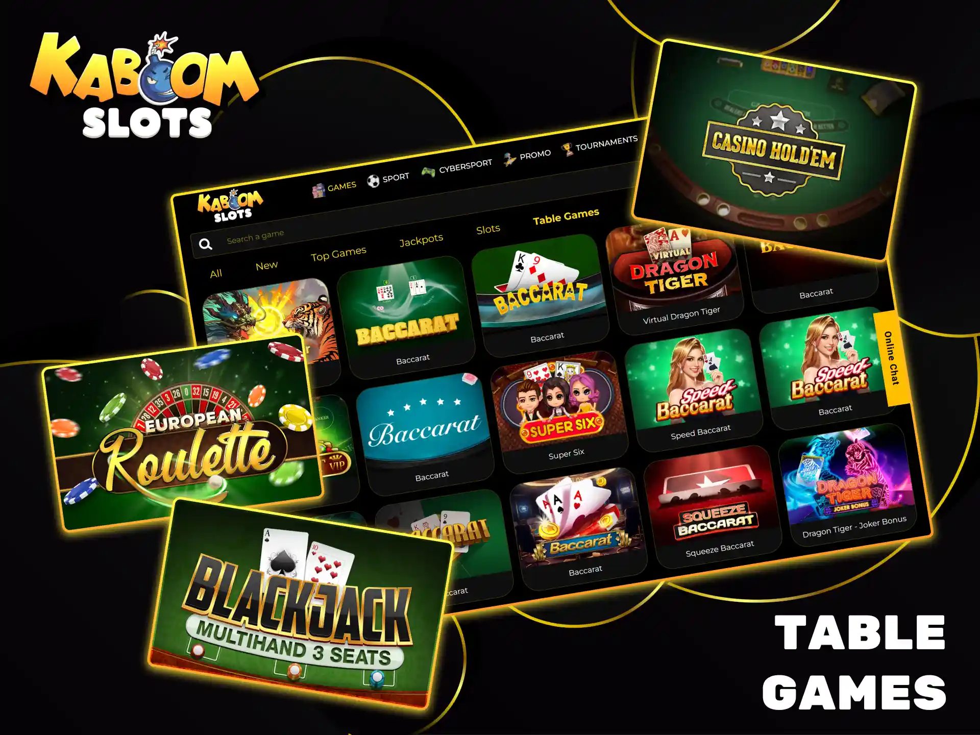At Kaboom Slots you can play classic table games like European Roulette and Multi-Hand Blackjack.