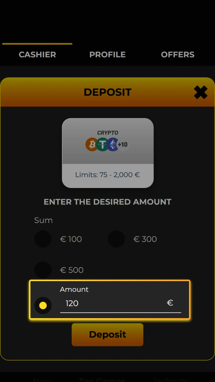 Easily specify the deposit amount using the intuitive cashier interface on the Kaboom Slots website.