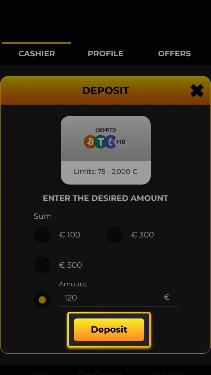 Click the deposit button to confirm the cryptocurrency transaction on Kaboom Slots.
