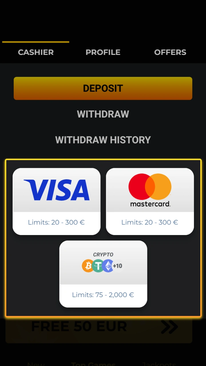 Select your preferred payment method, such as Visa or cryptocurrency, on the Kaboom Slots website.