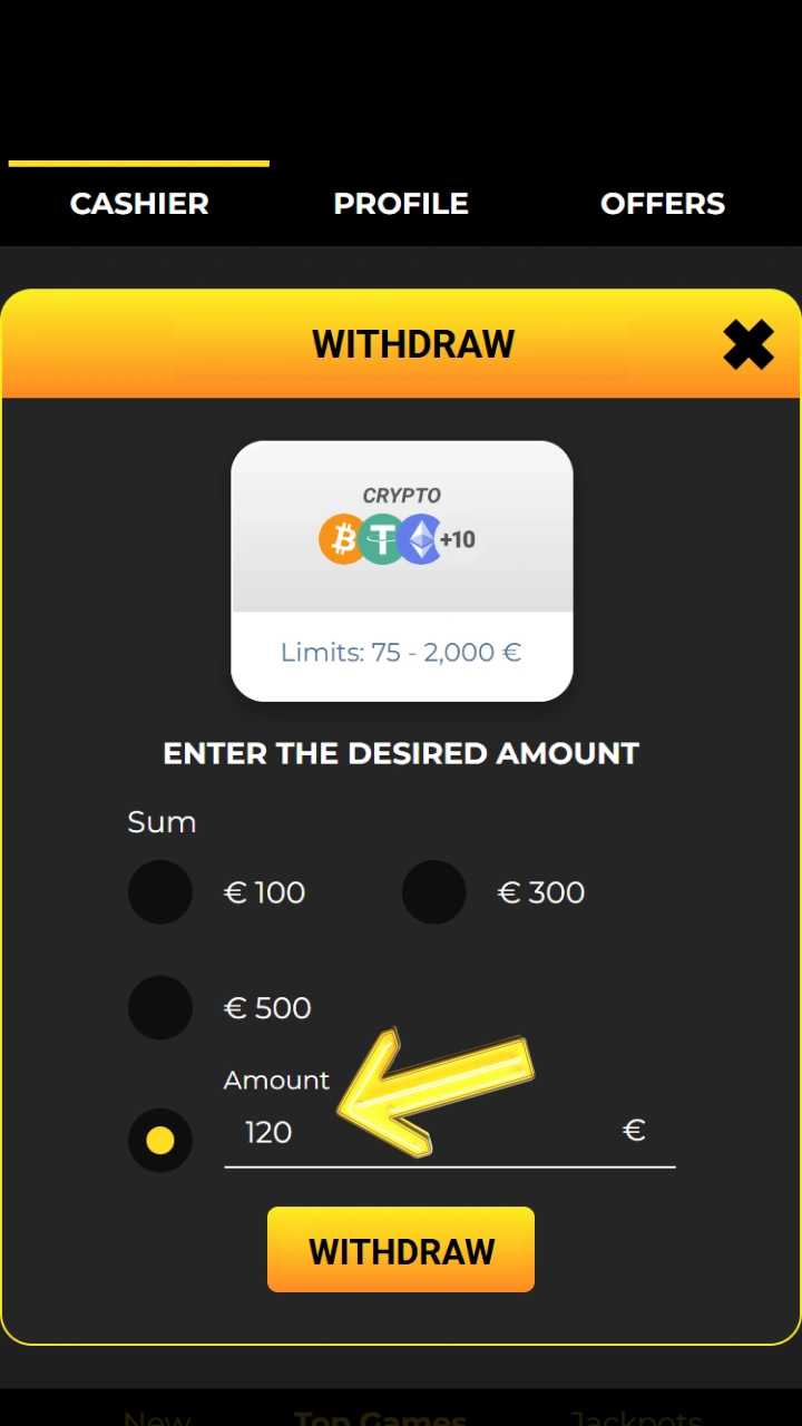 Enter the desired withdrawal amount for Kaboom Slots.