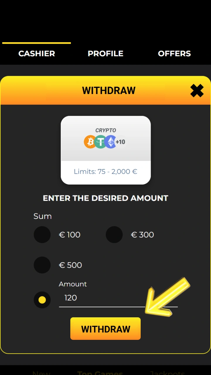 Confirm your payout request with a single click in the Kaboom Slots cashier.