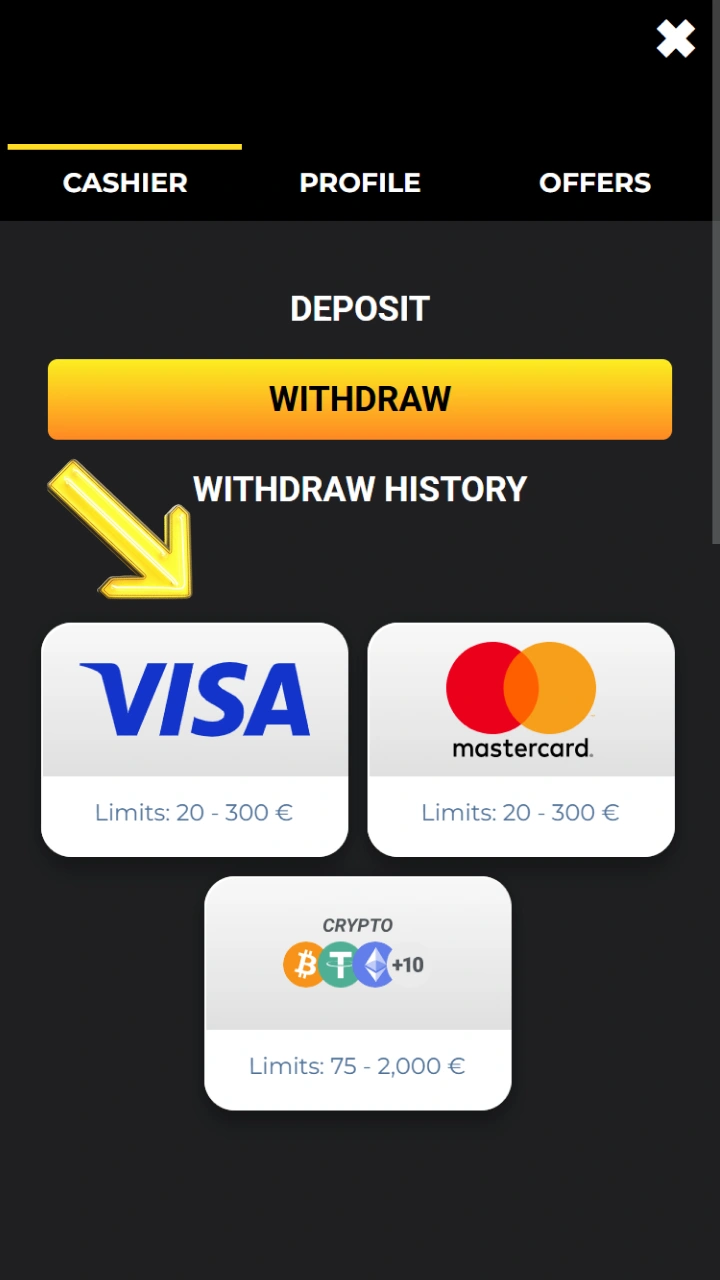 Choose a withdrawal method to quickly receive your winnings at Kaboom Slots.