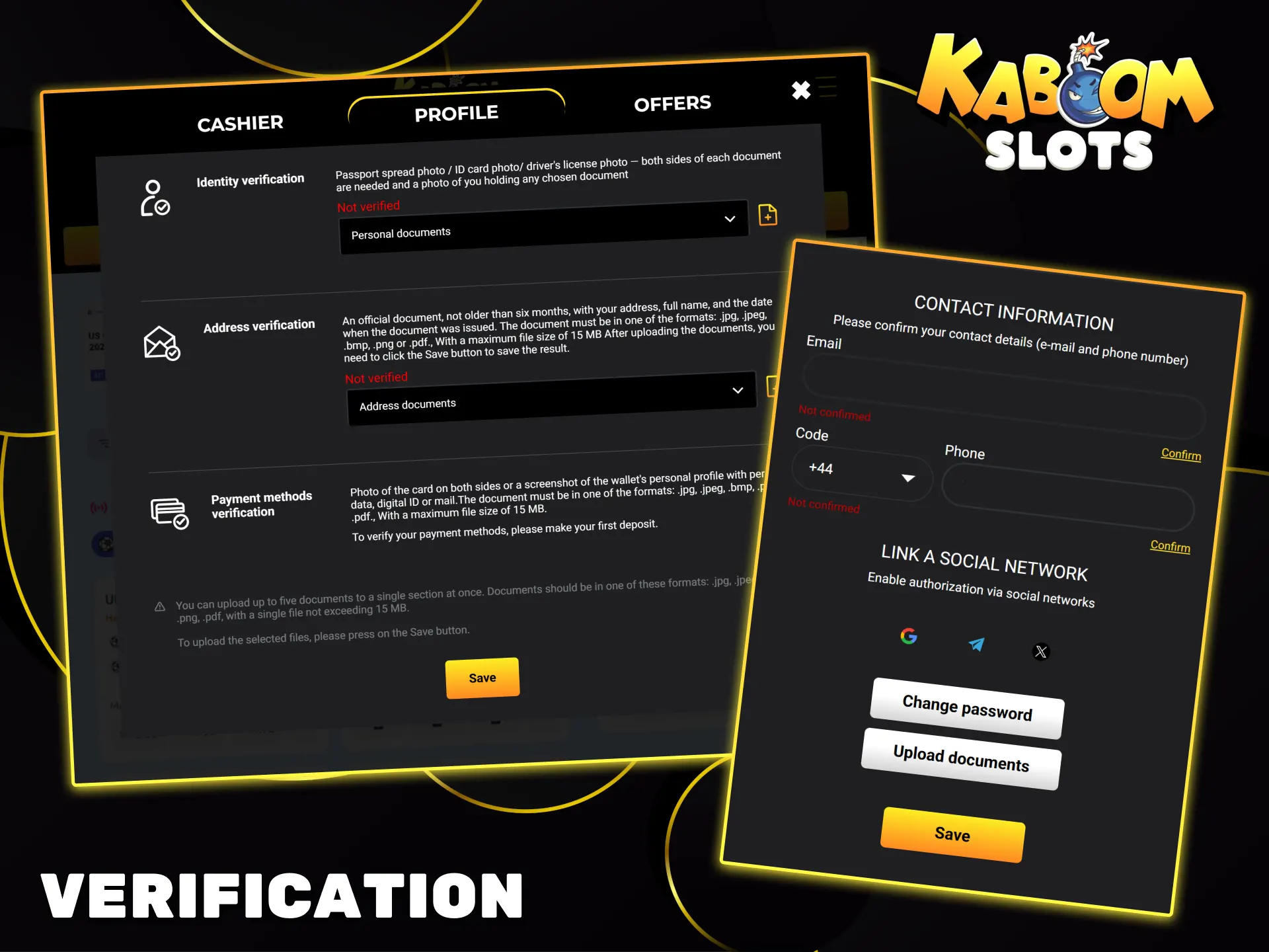 Easily complete identity and address verification to ensure maximum security for your Kaboom Slots account.