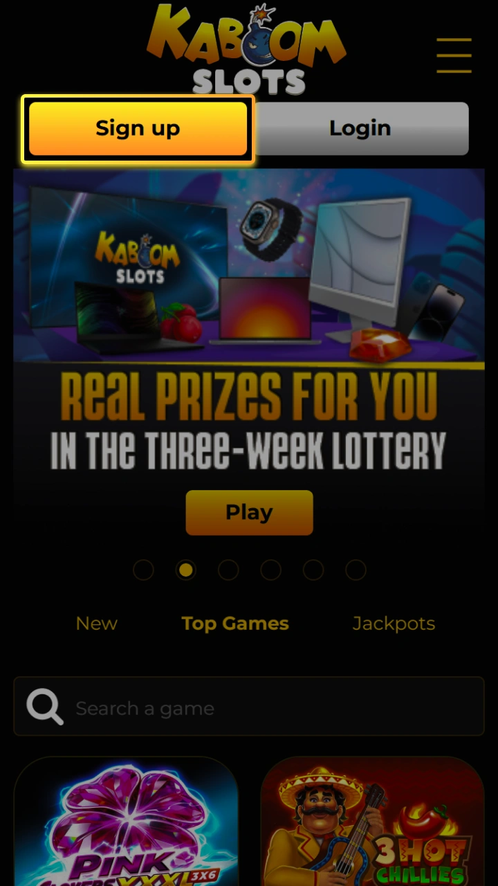 Click the registration button to sign up and receive great rewards at Kaboom Slots.