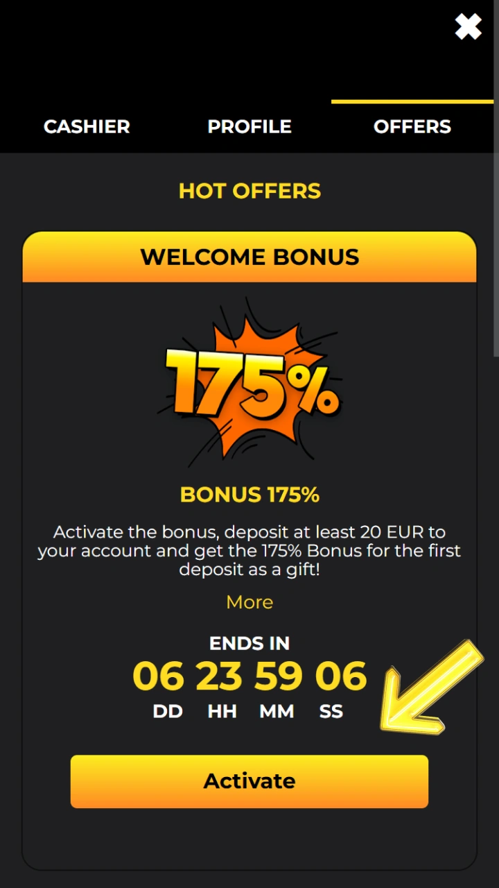 Easily activate the 175% welcome bonus in the hot offers section at Kaboom Slots.