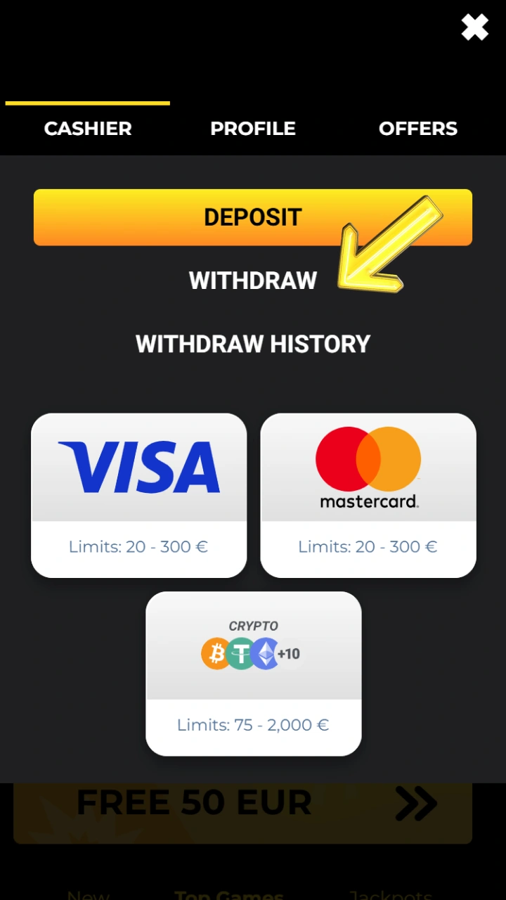 Go to the cashier section to easily withdraw your winnings from Kaboom Slots.