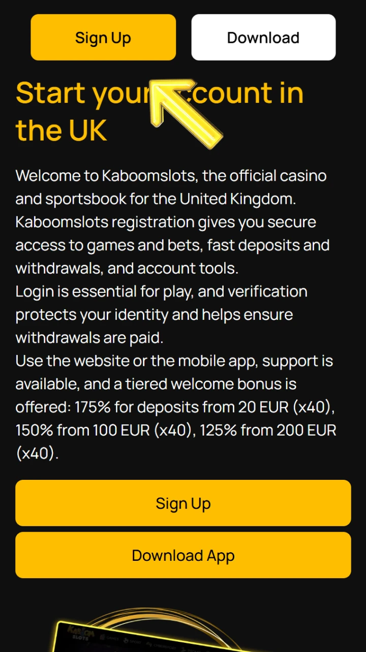 Click the Sign Up button to create an official account at Kaboom Slots.