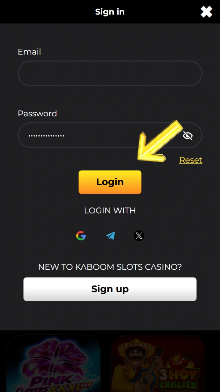 Log in to your Kaboom Slots account using your email address and password.