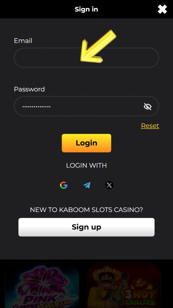 Enter your registered email address to easily log in to Kaboom Slots.