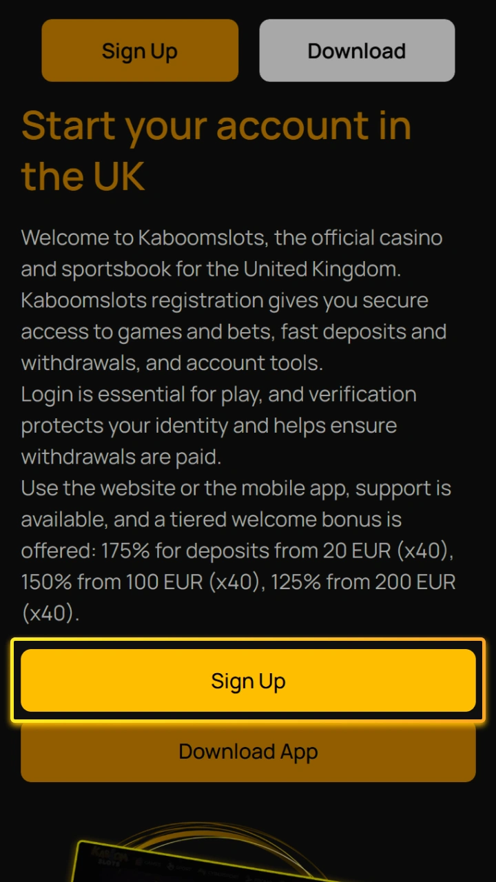 Click the button on this page to start the registration process at Kaboom Slots.