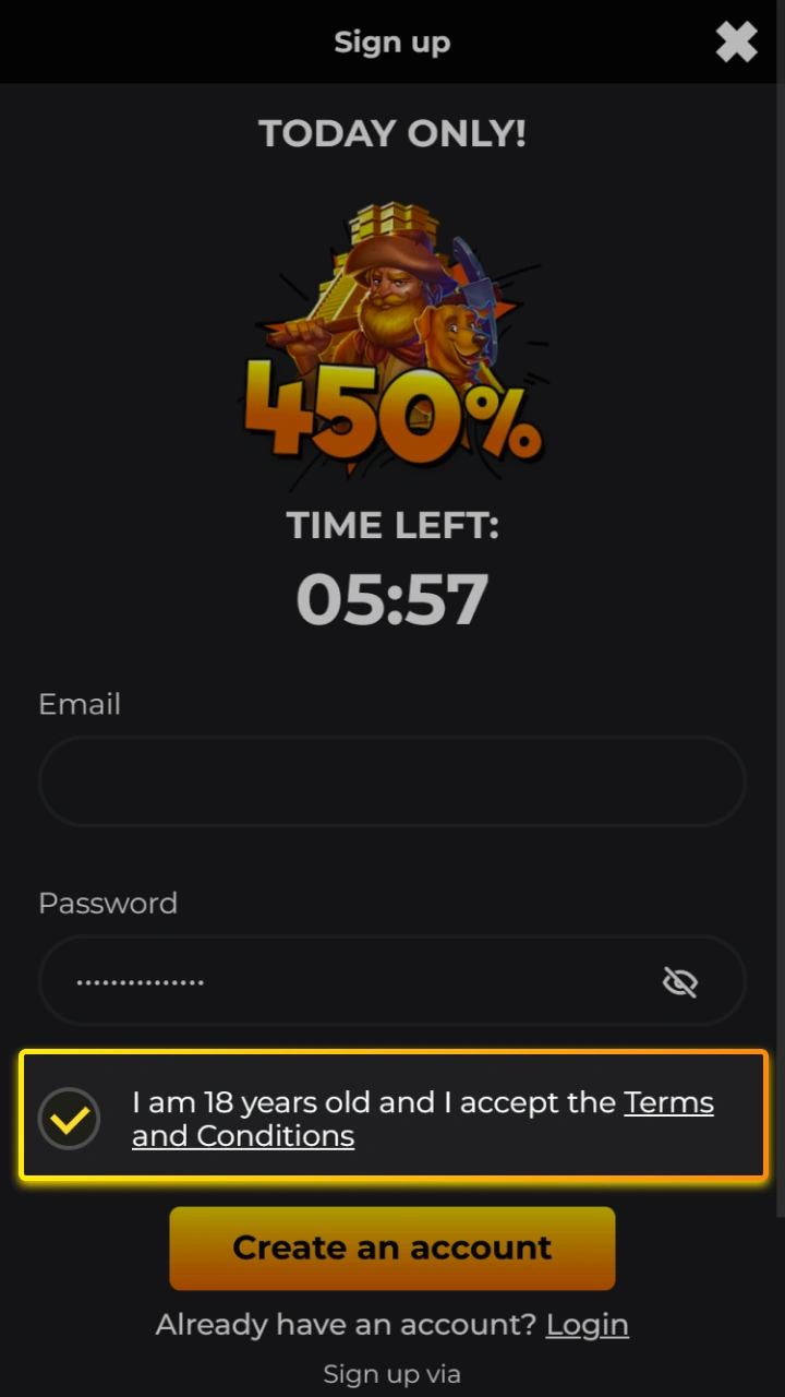 Accept the terms and conditions to confirm that you meet the age requirement for playing at Kaboom Slots.