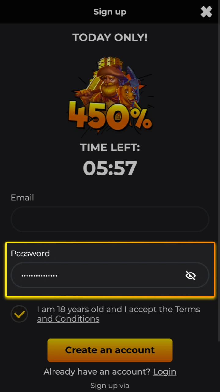 Create a strong password to protect your new profile on Kaboom Slots.