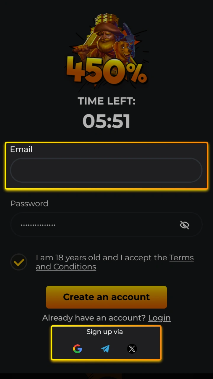 Choose a convenient registration method to easily join Kaboom Slots.