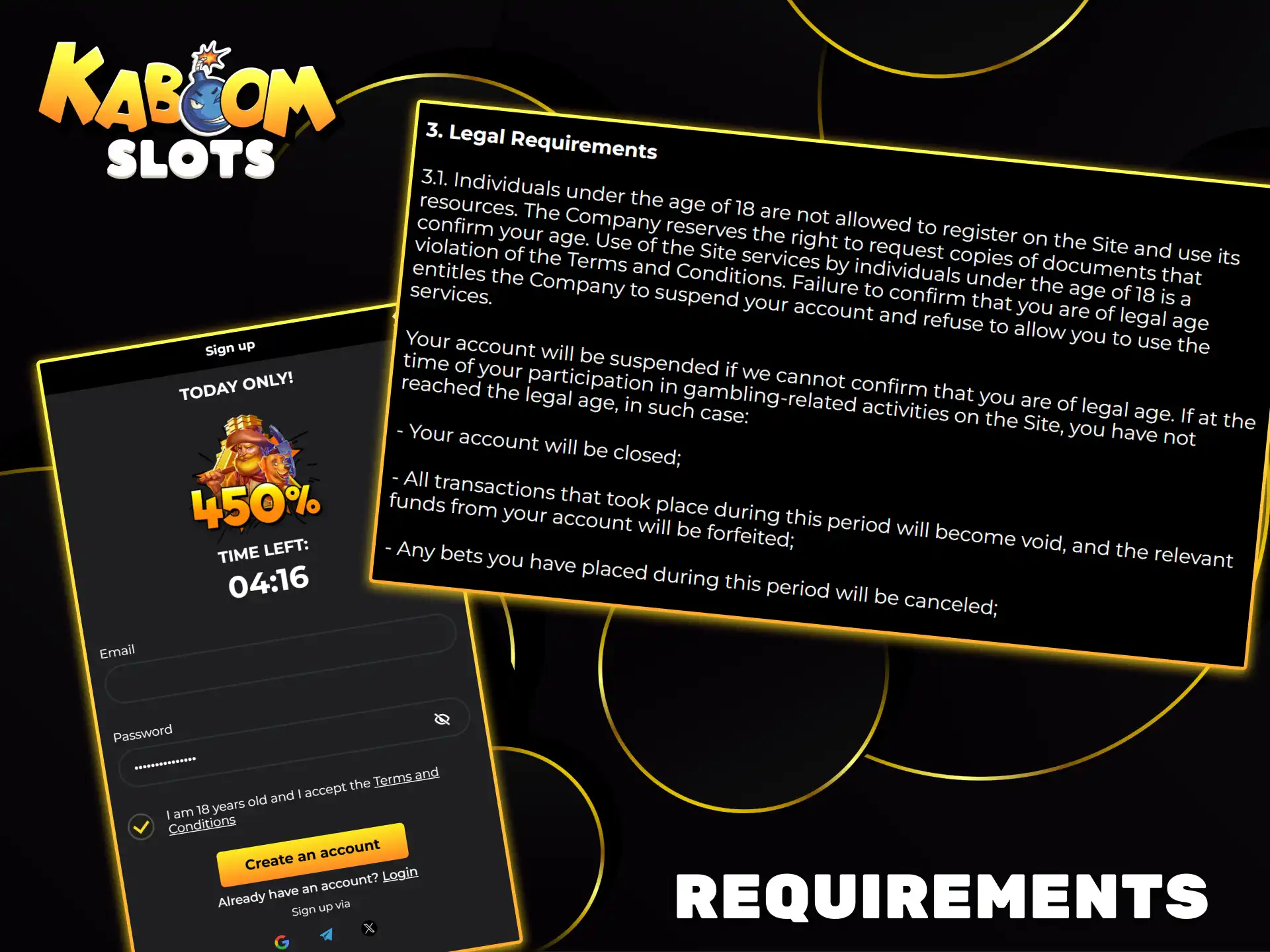 Kaboom Slots ensures a safe environment by strictly adhering to legal requirements regarding player age.
