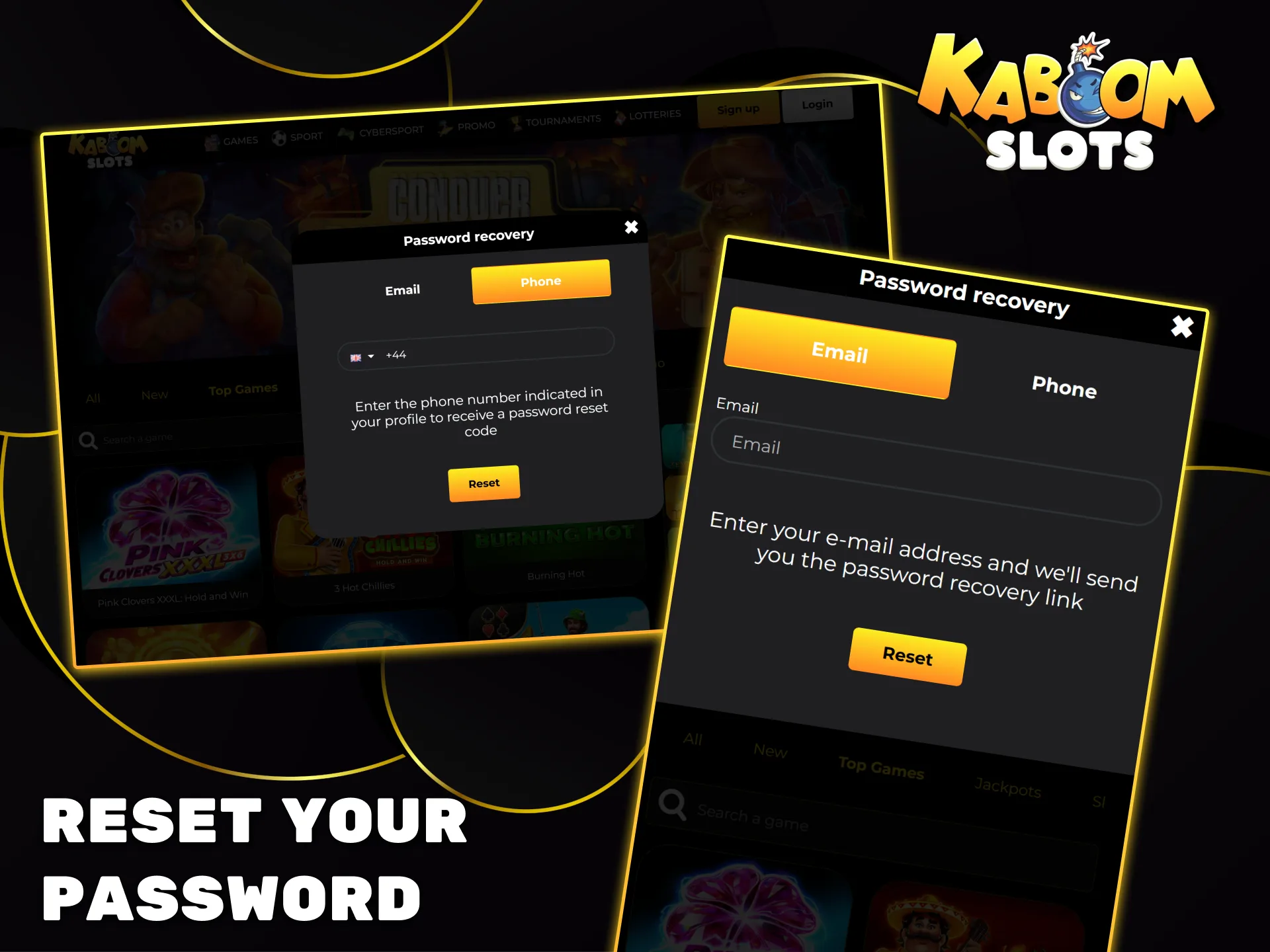 Easily reset your password via phone or email on the secure Kaboom Slots portal.