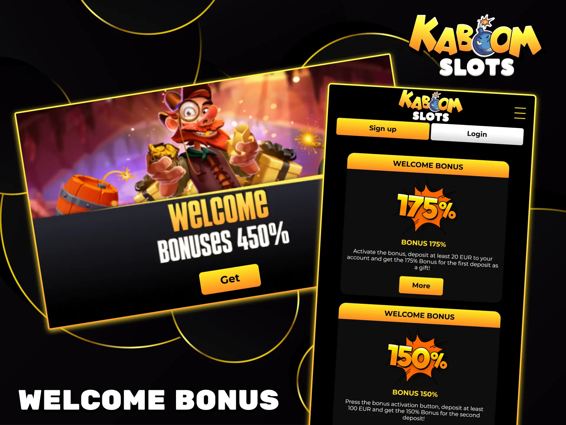 Get generous sign-up bonuses of up to 450% at Kaboom Slots.