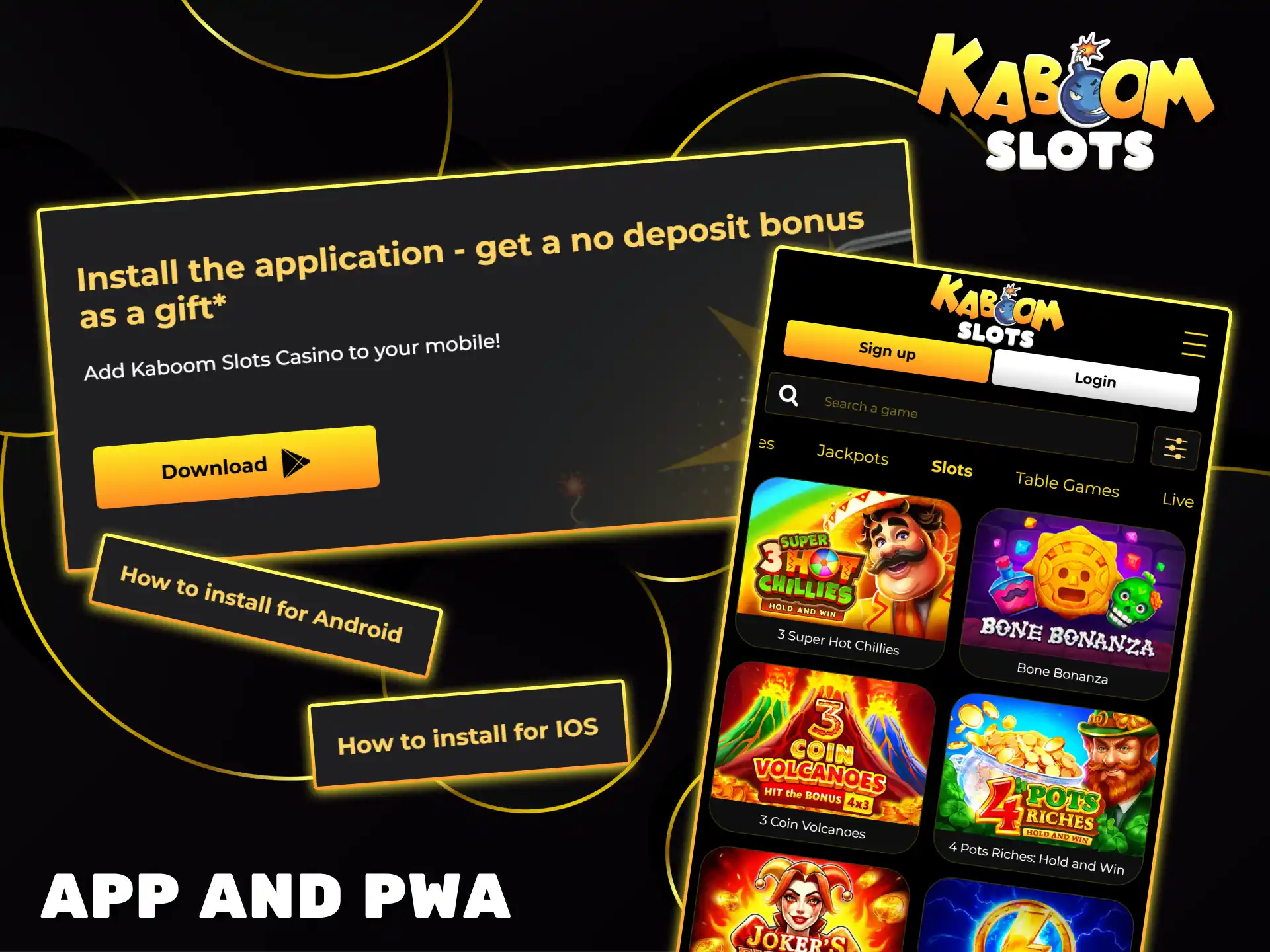Install the official mobile app to enjoy seamless slot gaming at Kaboom Slots anytime.
