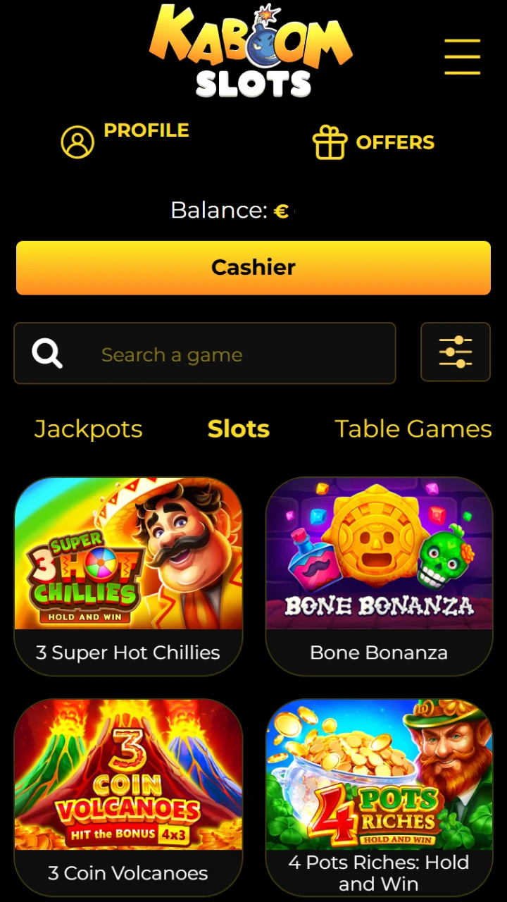 Choose exciting slots in the Kaboom Slots lobby.
