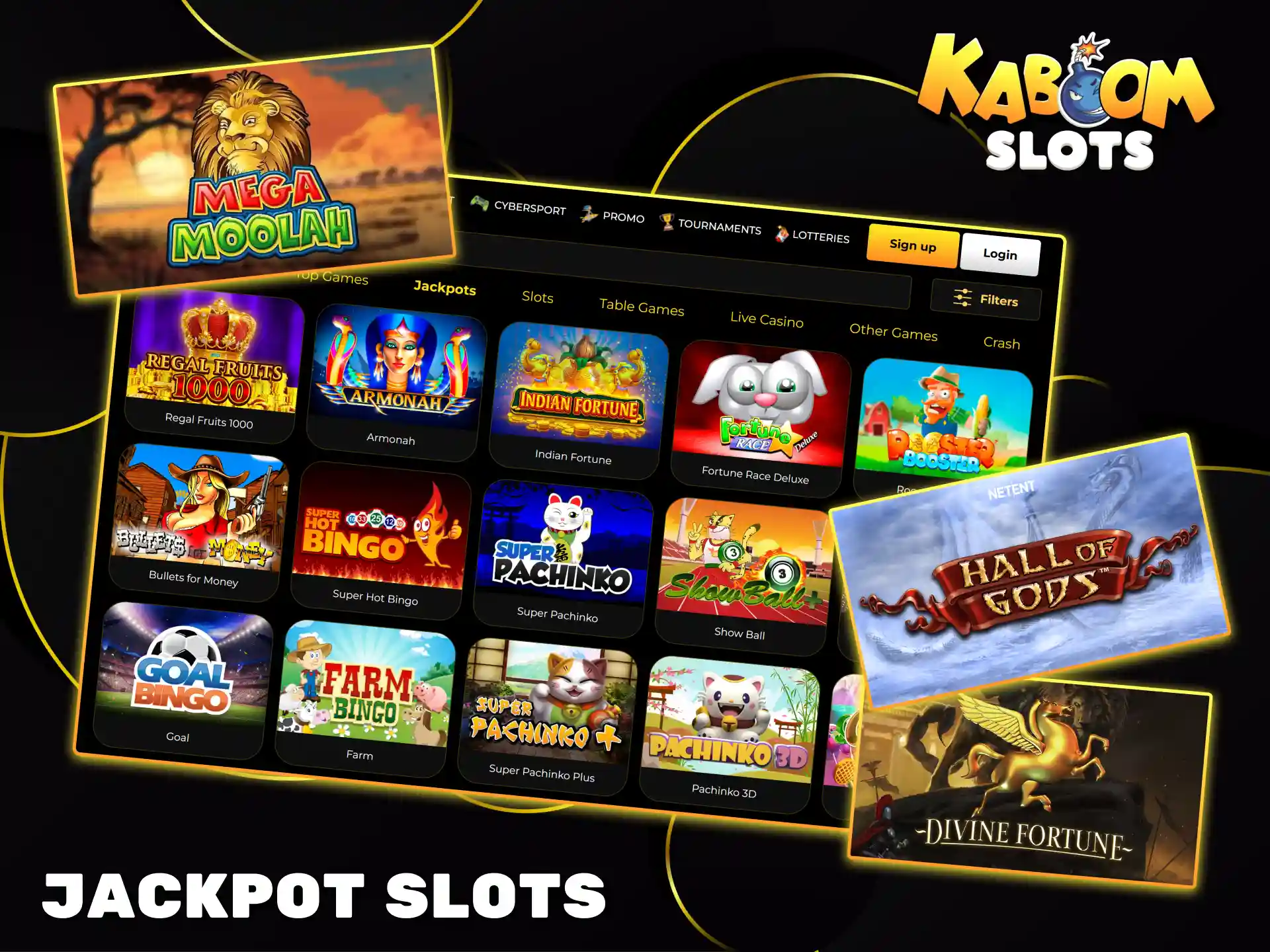 Play the best progressive jackpot slots, such as Mega Moolah, and win huge prizes at Kaboom Slots.
