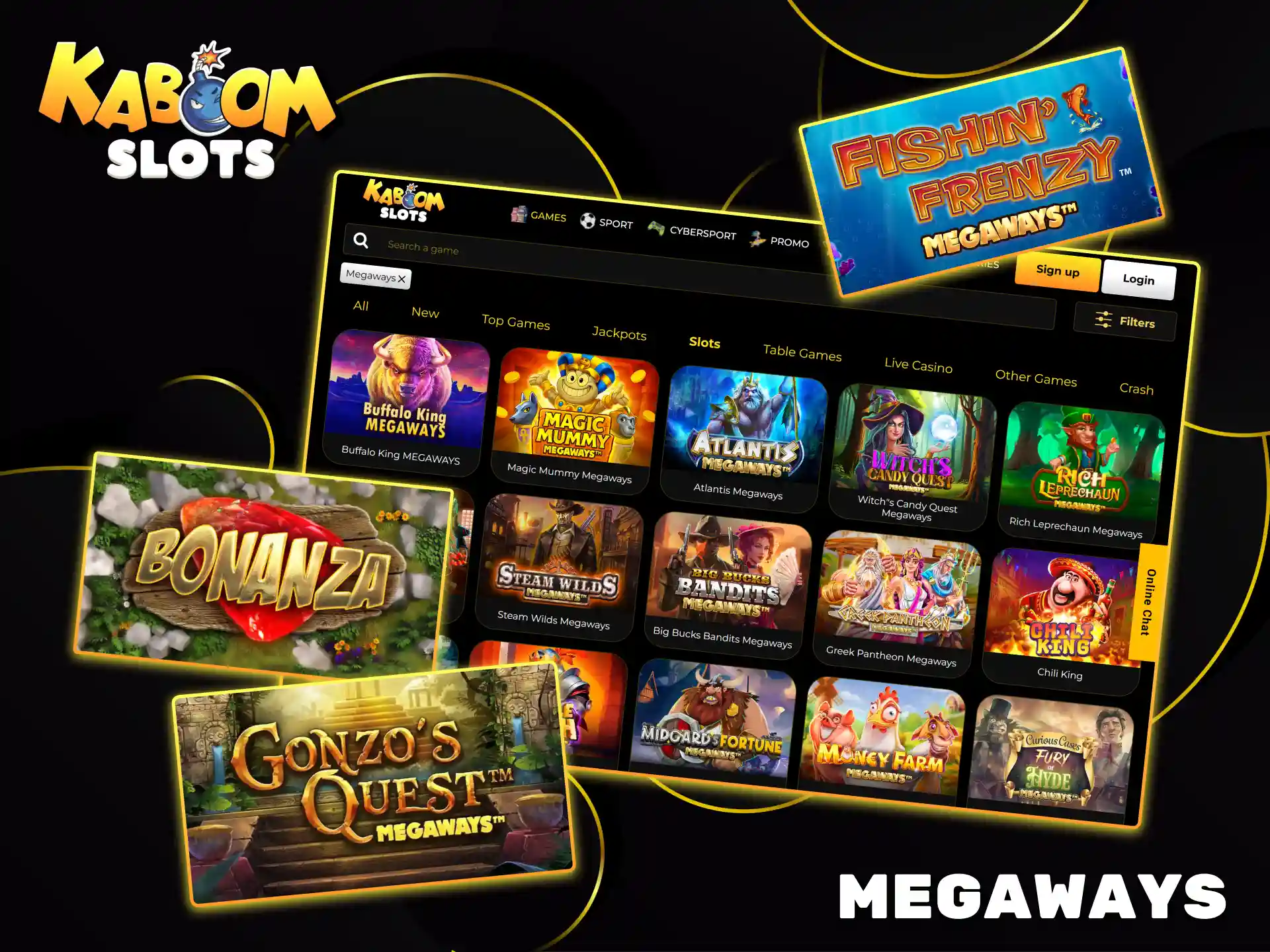 Play exciting Megaways slots, such as Bonanza and Gonzo's Quest, right on the Kaboom Slots website.