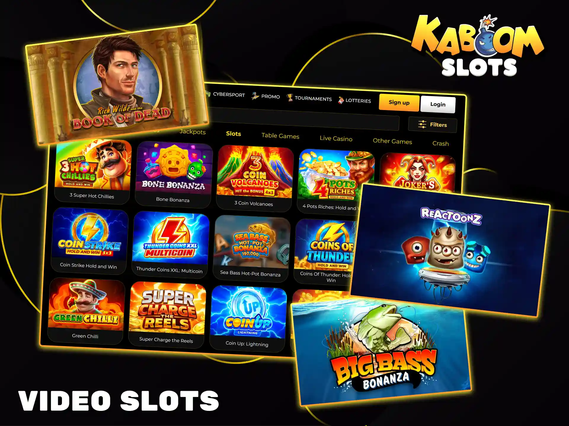Enjoy popular video slots like Book of Dead and Big Bass Bonanza at Kaboom Slots.