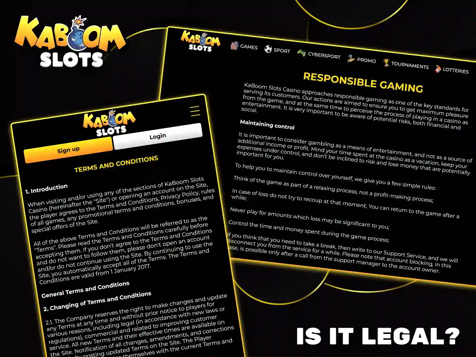 Kaboom Slots operates on a fully legal basis, offering fair gaming conditions and strict privacy policies.