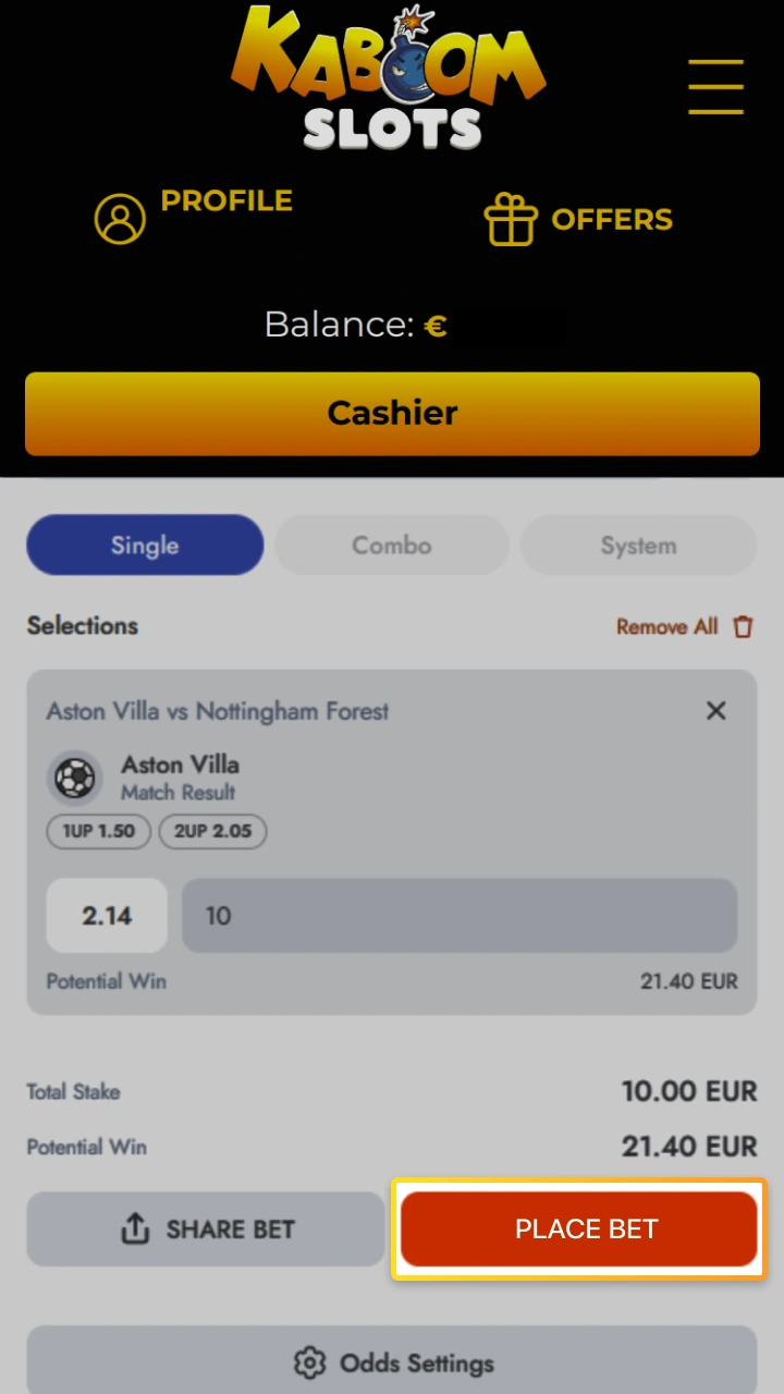 Confirm your choice with a single click of the Place Bet button at Kaboom Slots.