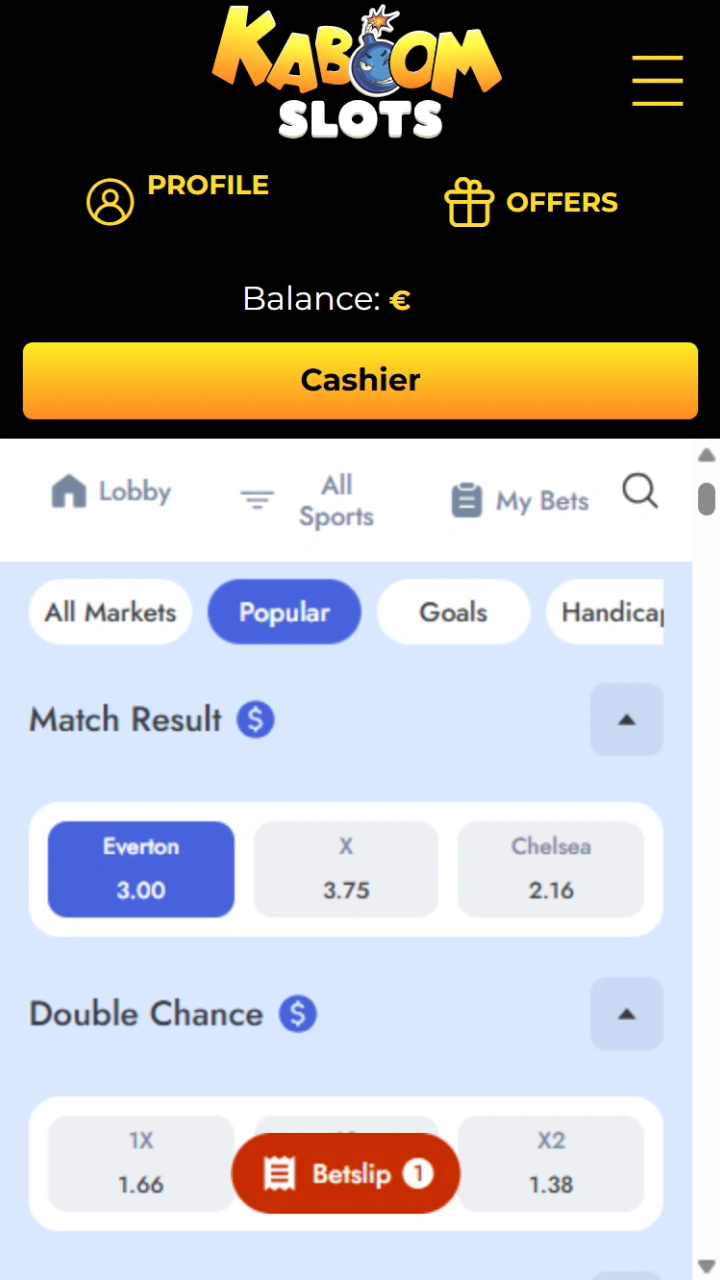 Choose your favorite sports markets and great odds on matches at Kaboom Slots.