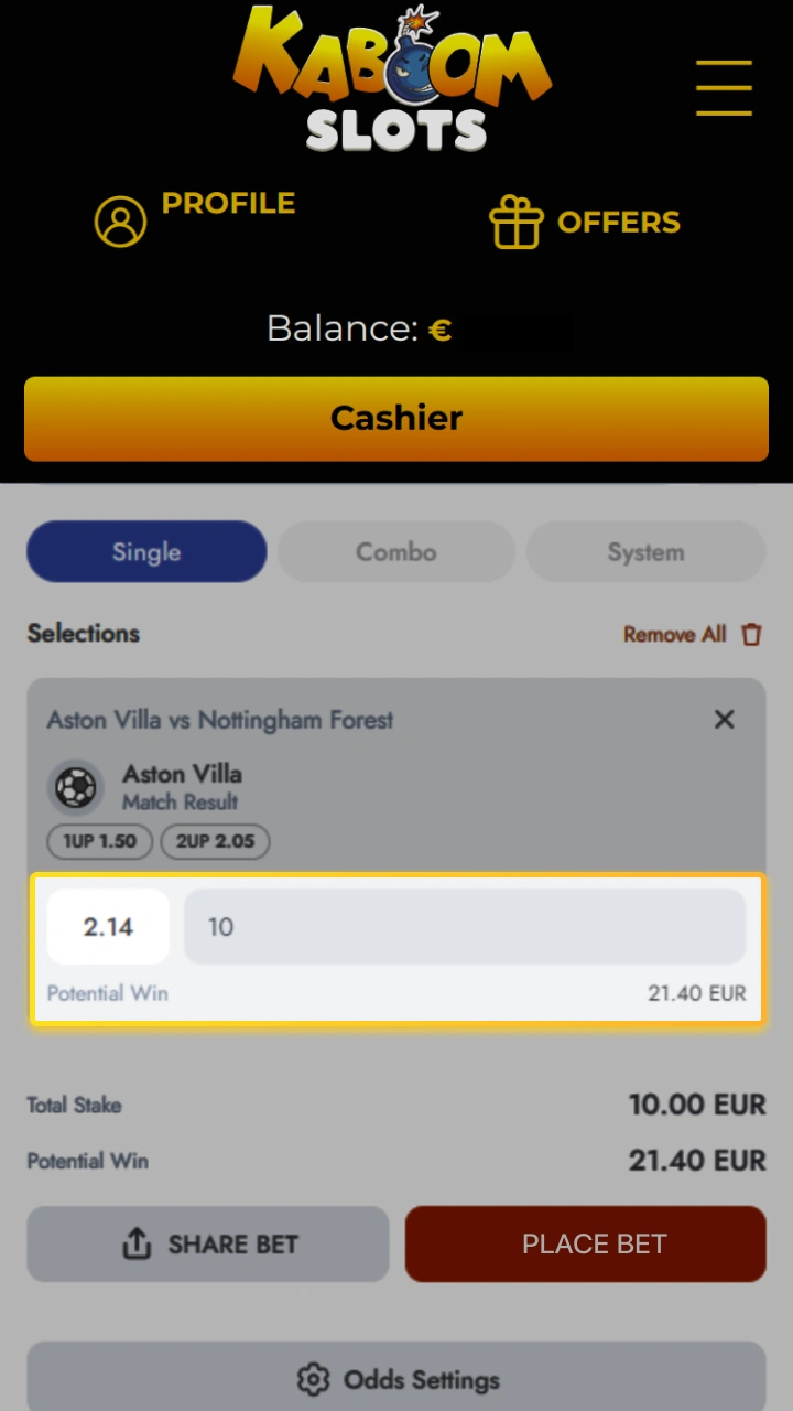 Easily enter your desired bet amount using the intuitive betting slip on the Kaboom Slots website.