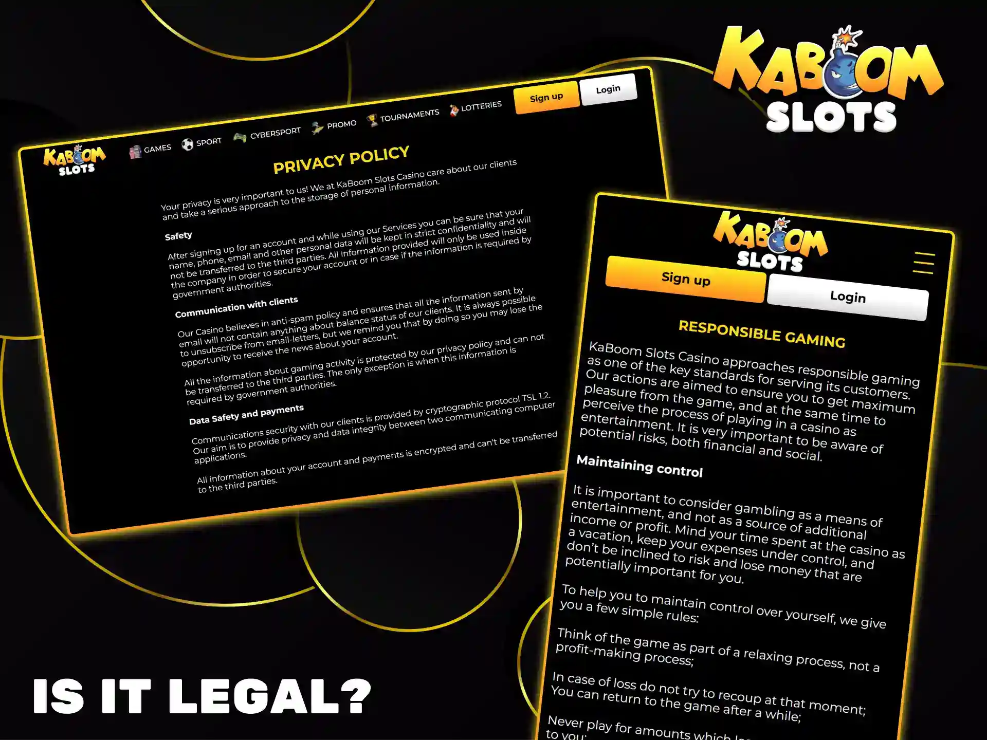 Kaboom Slots is committed to player protection through a transparent privacy policy and responsible gaming tools.