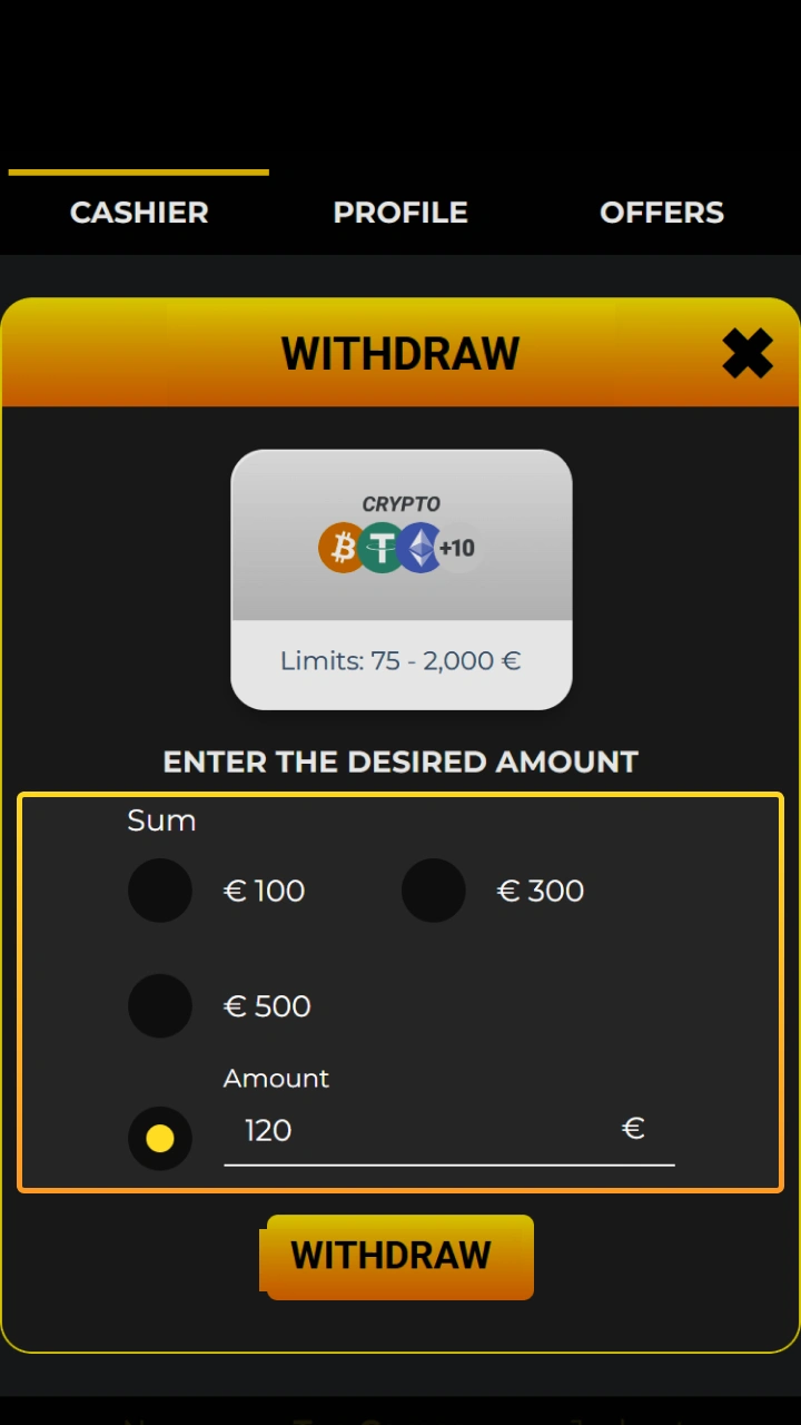 Enter the desired withdrawal amount for Kaboom Slots.