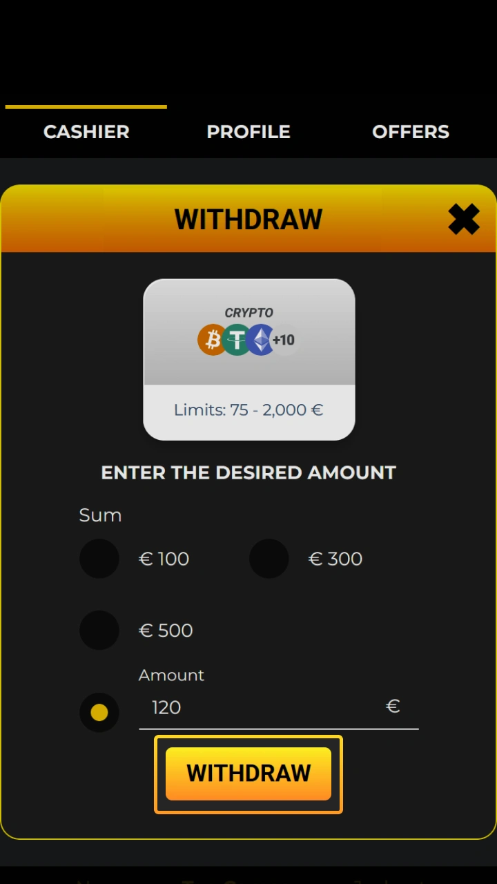 Confirm your payout request with a single click in the Kaboom Slots cashier.