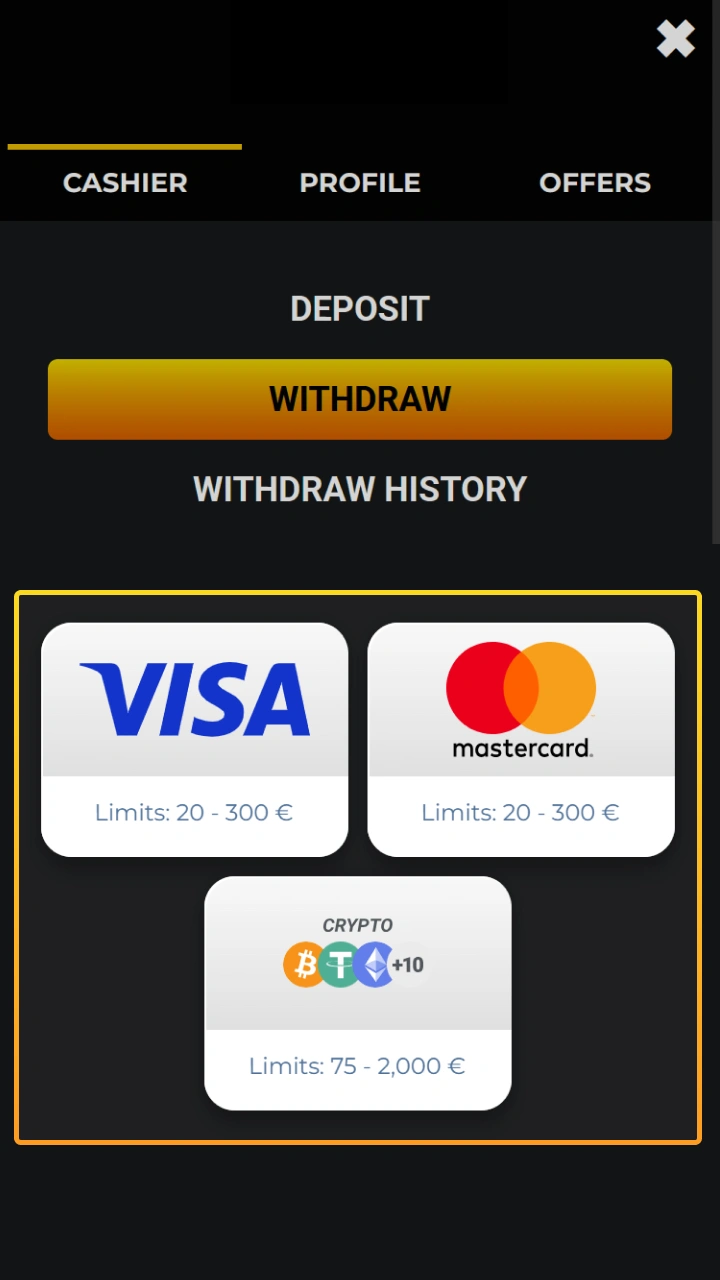Choose a withdrawal method to quickly receive your winnings at Kaboom Slots.