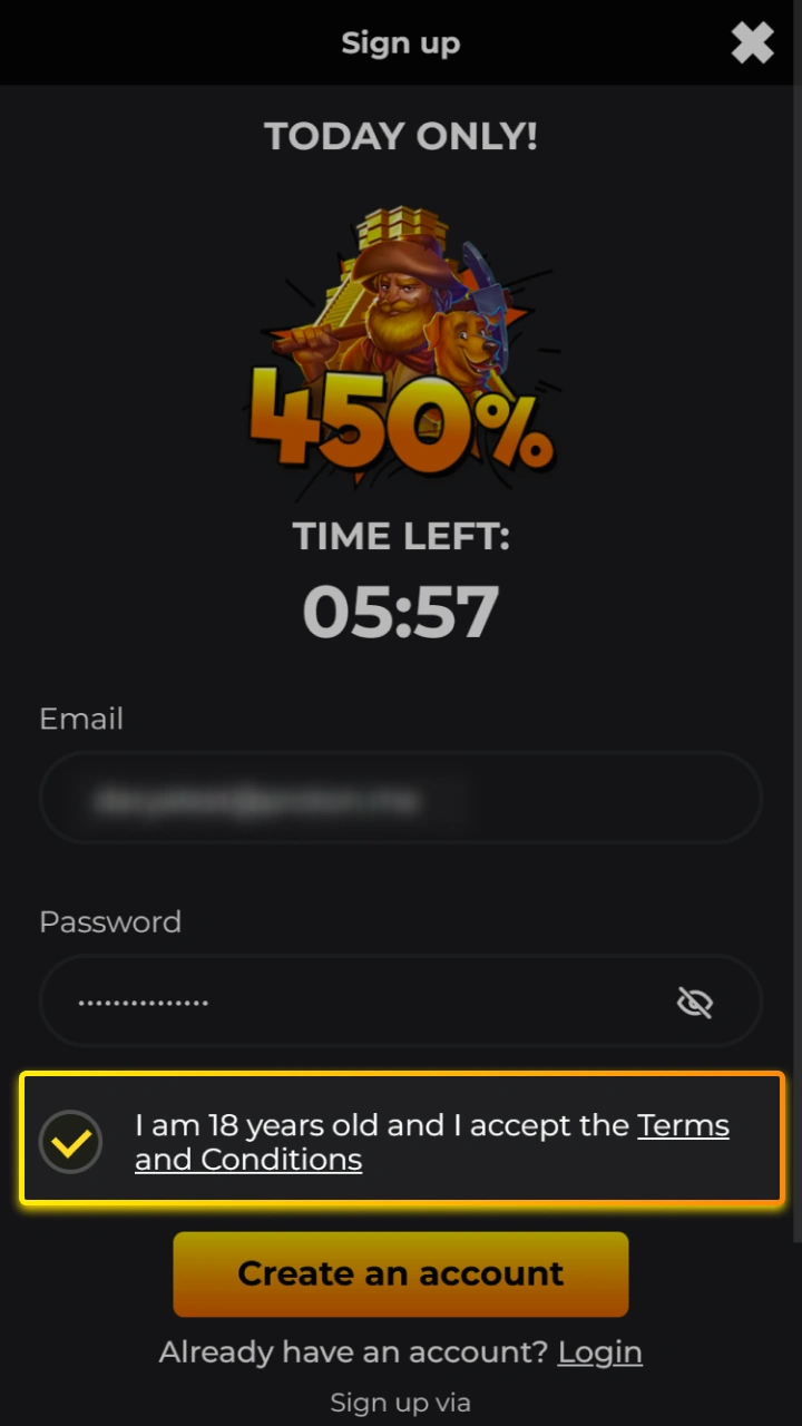 Confirm your age and accept the terms to complete quick registration at Kaboom Slots.