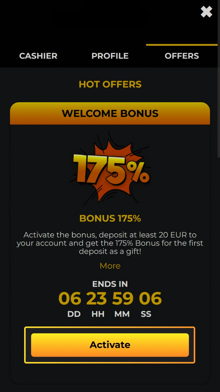 Easily activate the 175% welcome bonus in the hot offers section at Kaboom Slots.