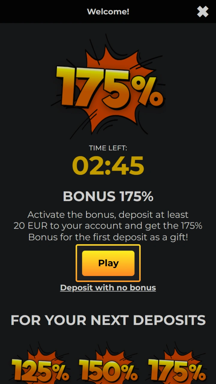 Choose the welcome package that suits you best to boost your first deposit at Kaboom Slots.