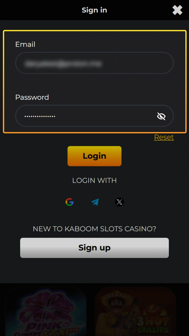 Enter your registered email address to easily log in to Kaboom Slots.