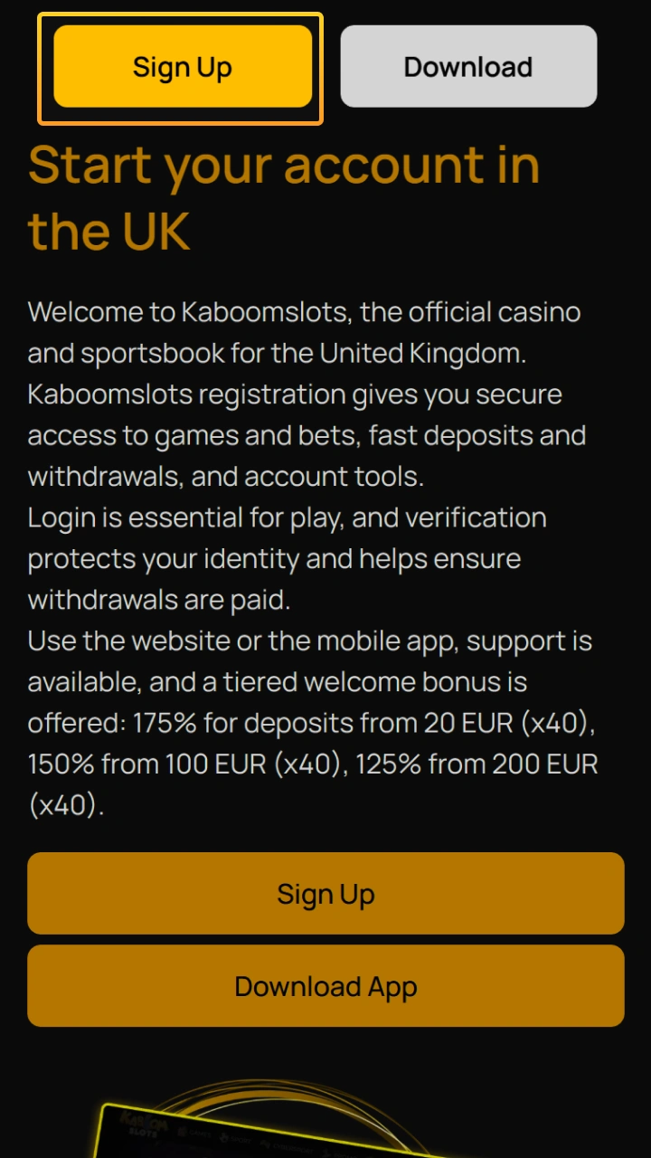 Click the Sign Up button to create an official account at Kaboom Slots.