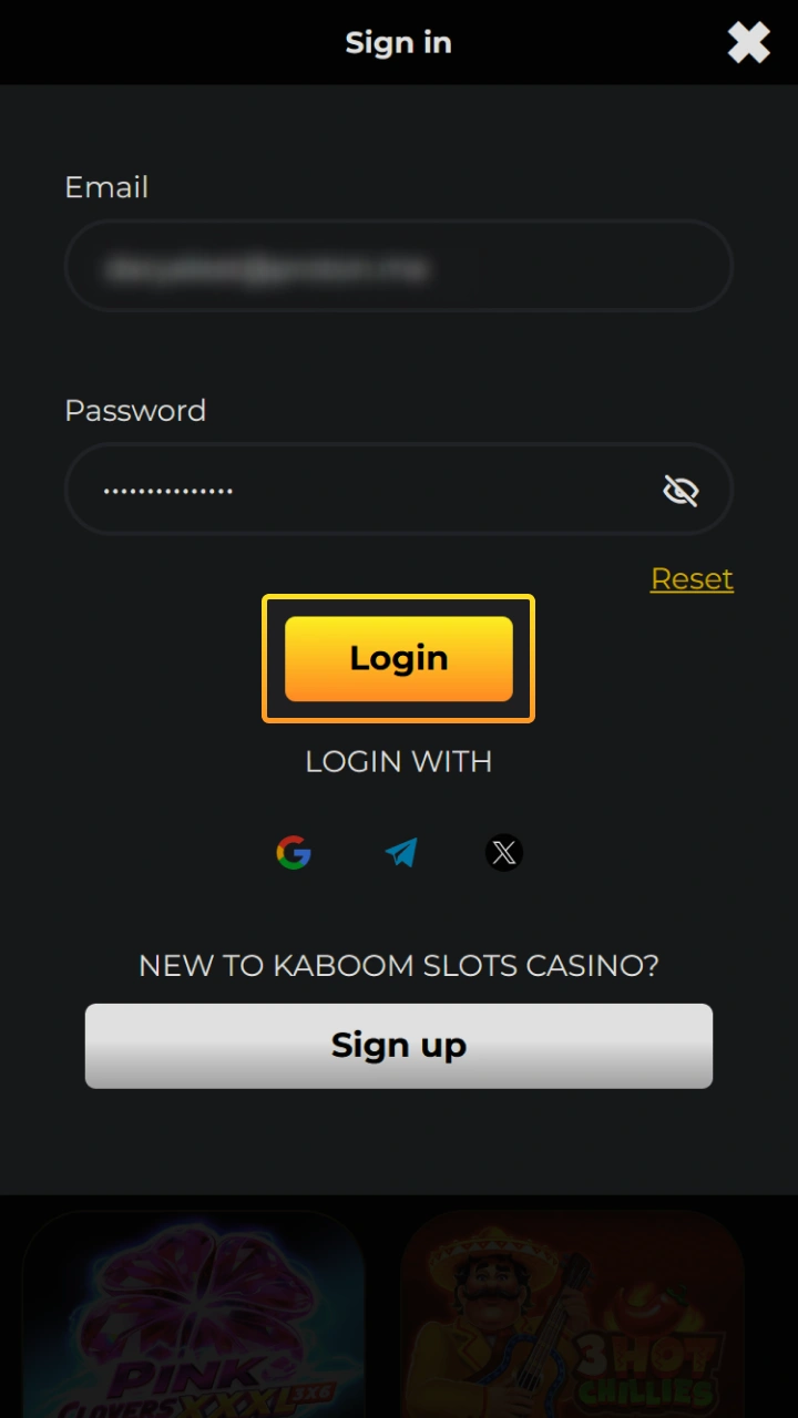 Log in to your Kaboom Slots account using your email address and password.