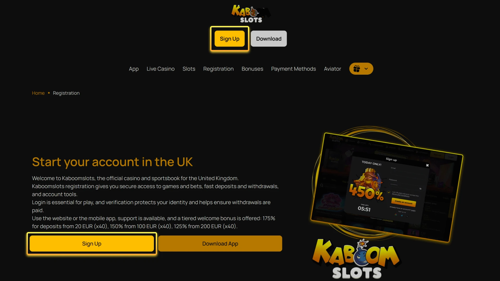 Click the button on this page to start the registration process at Kaboom Slots.