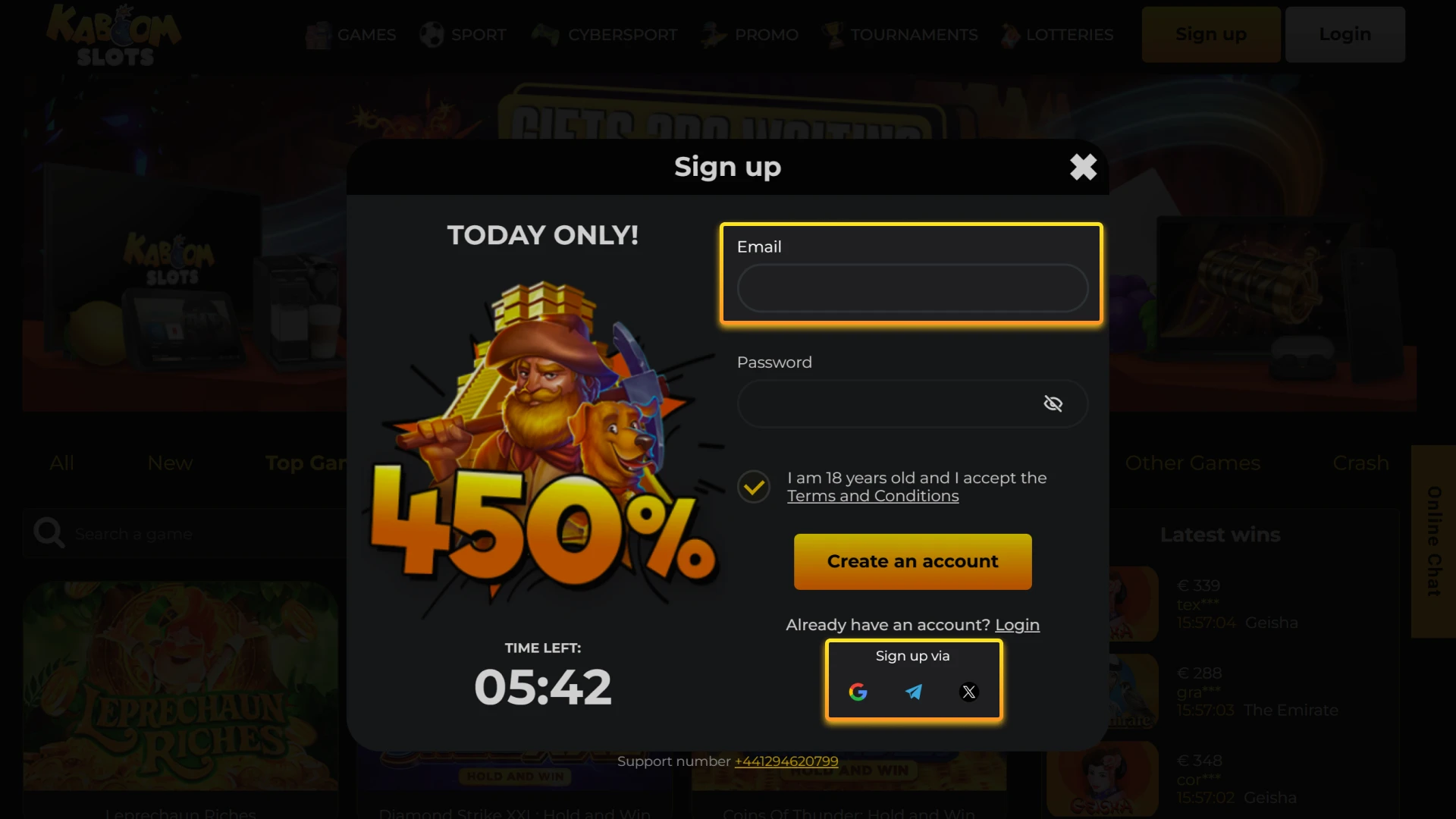Choose a convenient registration method to easily join Kaboom Slots.