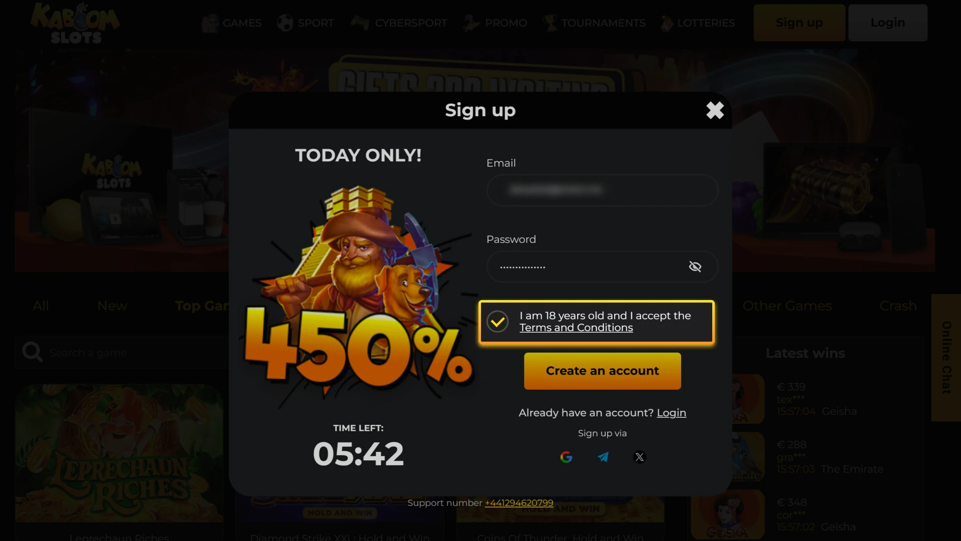 Accept the terms and conditions to confirm that you meet the age requirement for playing at Kaboom Slots.