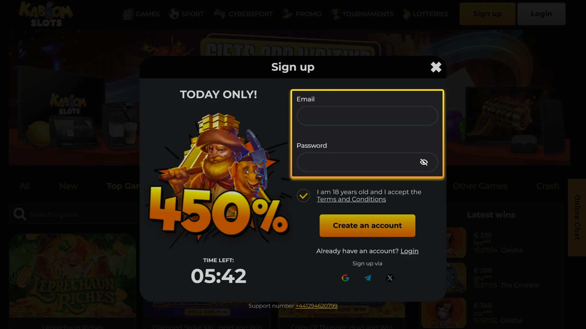 Create a strong password to protect your new profile on Kaboom Slots.
