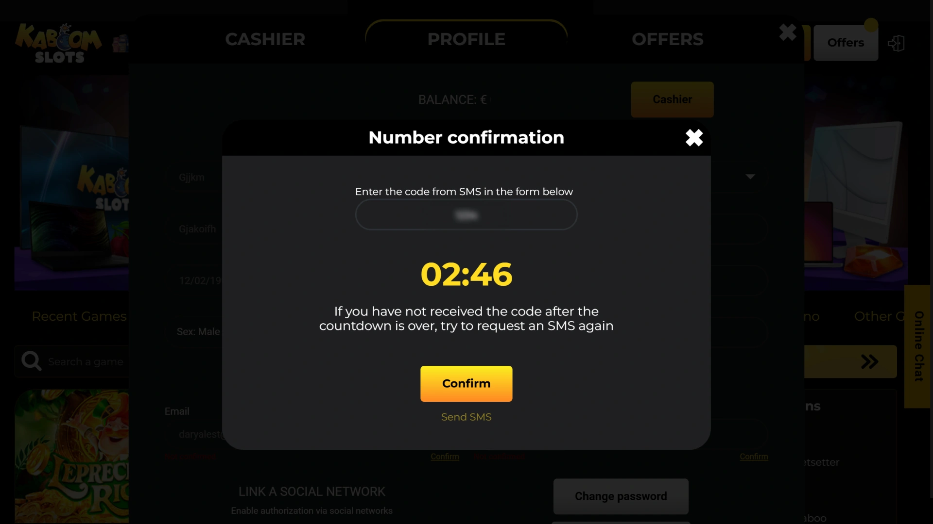Confirm your profile details to complete registration on the Kaboom Slots platform.