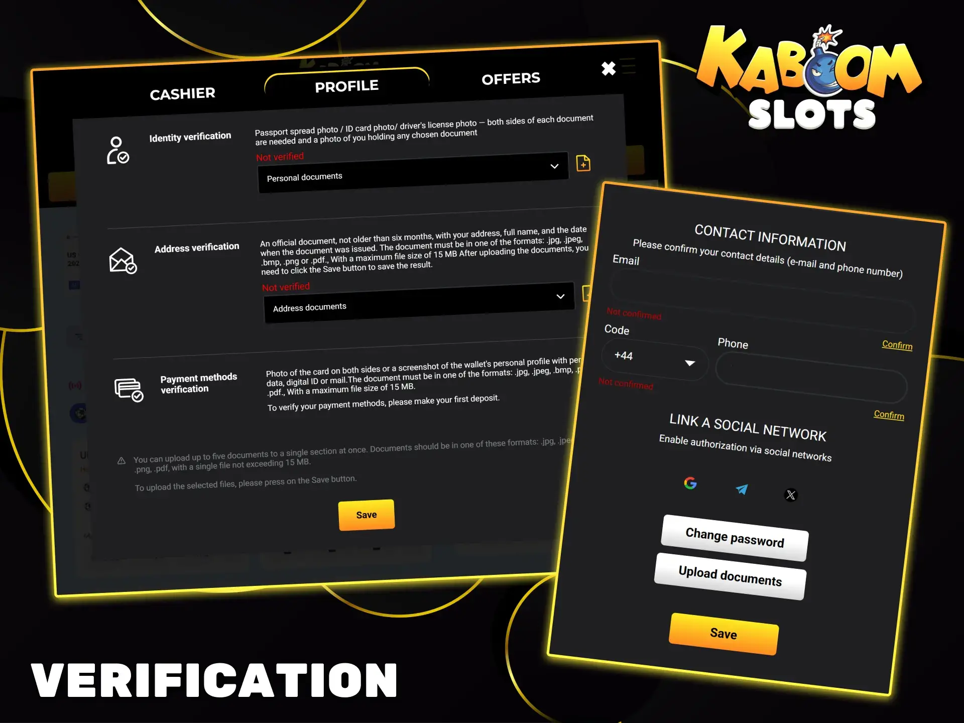Easily complete identity and address verification to ensure maximum security for your Kaboom Slots account.